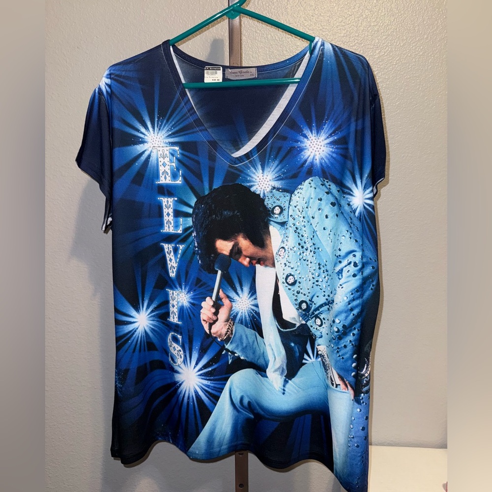 Elvis Presley T Shirt Blue Bling Rhinestone 70s fan concert NEW size XXL